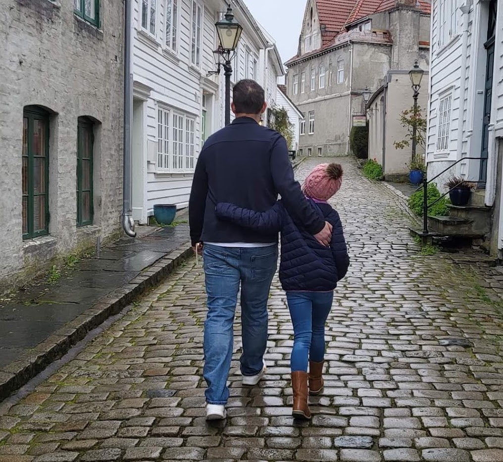 Michael spends his time outside of work travelling with his family. In this picture, he's exploring Norway with his daughter.