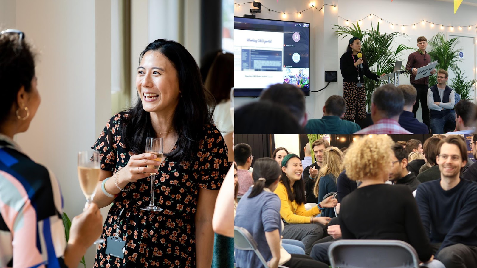 Tracy BenevolentAI Story Enjoying some of BenevolentAI’s many socials and events (from left to right): at happy hour, presenting the progress of a project during ‘Innovation Week’ in 2020 and getting to know new colleagues during a ‘speed meeting’ session.